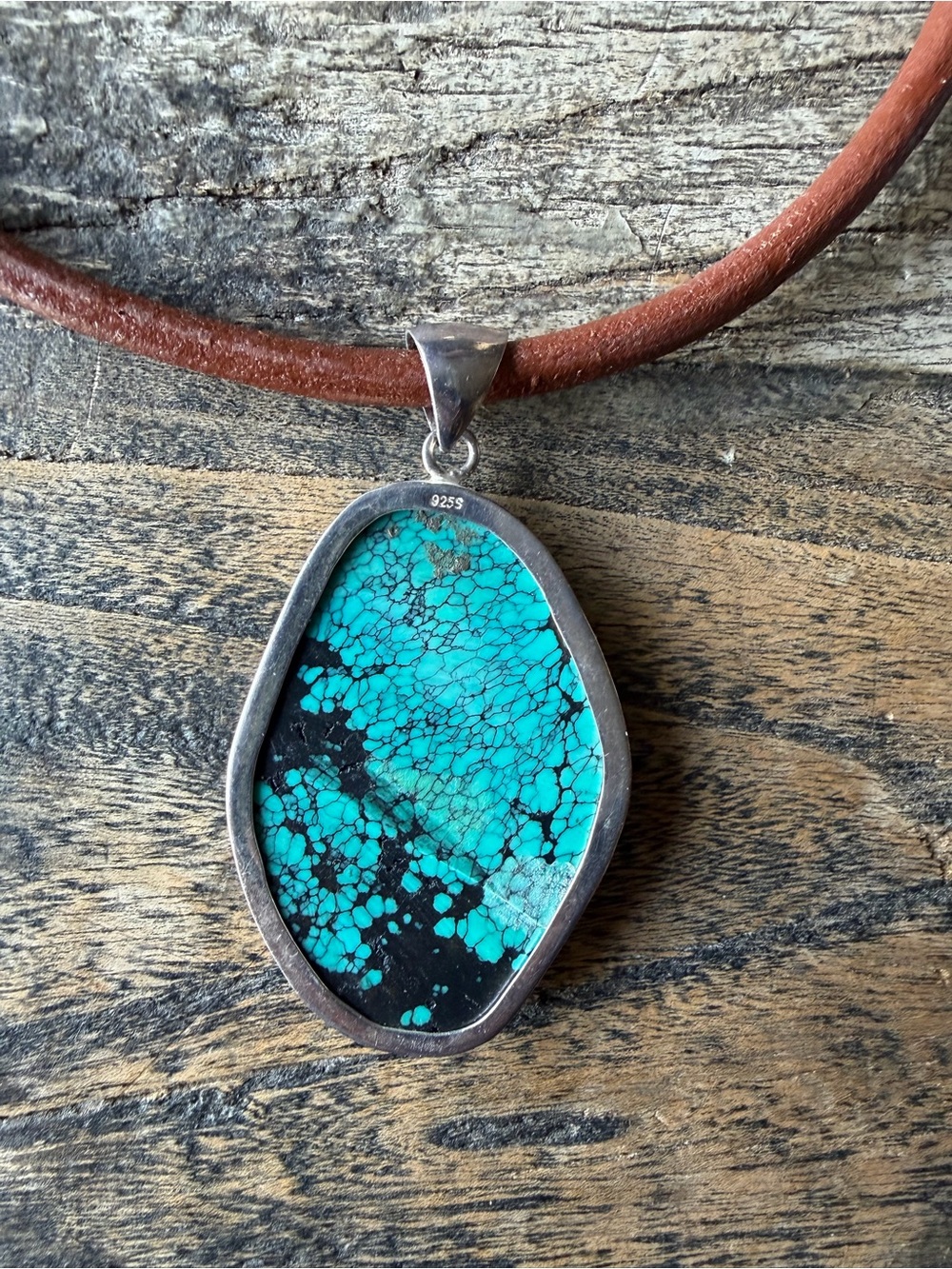 Turquoise Stone Pendant Necklace in 925 with Brown Leather Cord - Picture 4 of 4